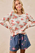 BiBi Oatmeal Floral Print Washed Waffle Thermal Top With Thumb