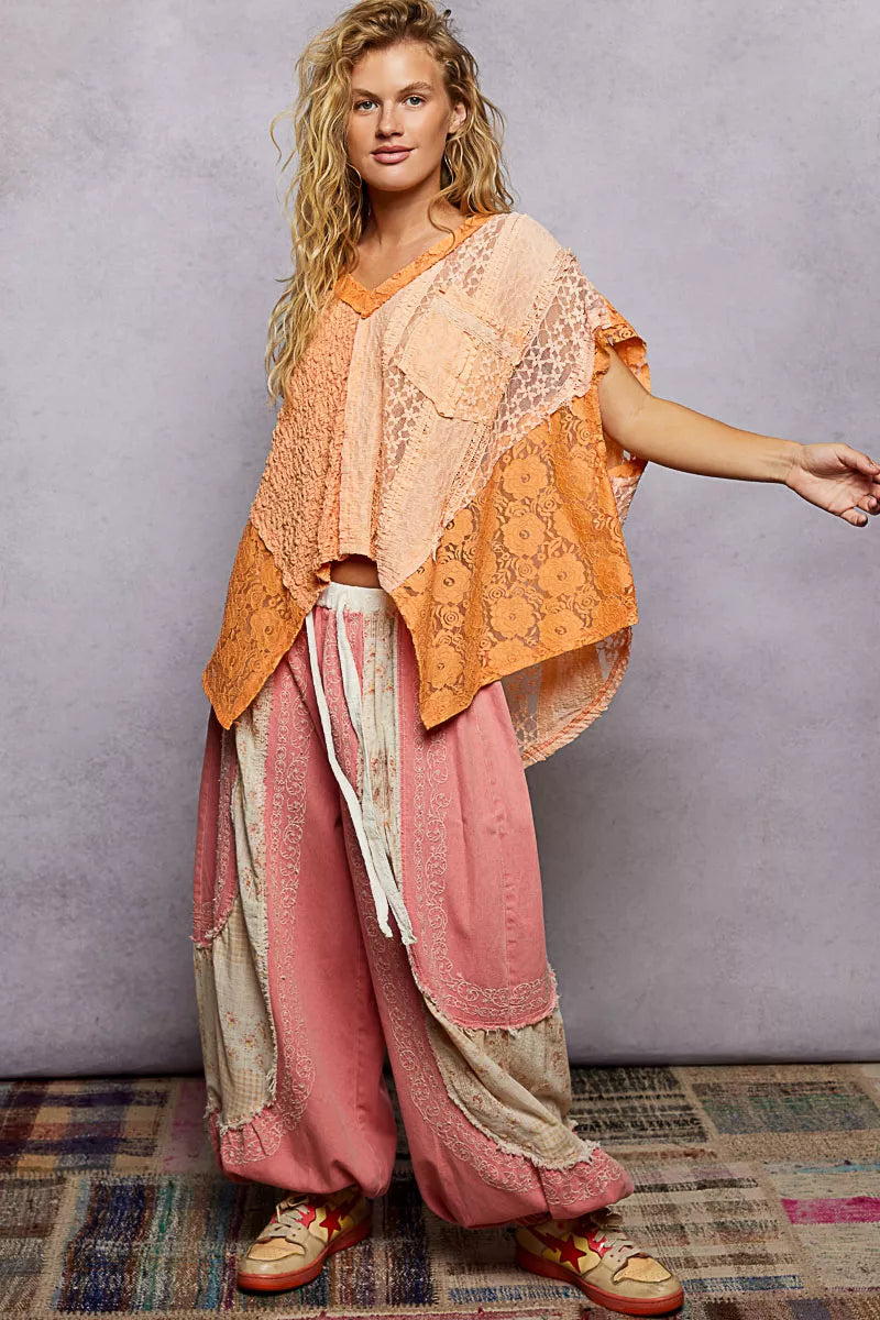 POL Orange Asymmetrical V-Neck Short Sleeve Lace Top