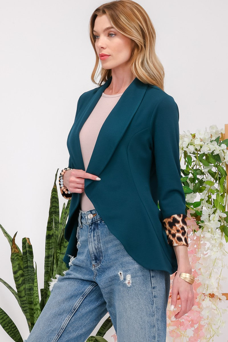 Celeste Hunter Green Rolled Leopard Cuff Open Front Blazer Trendsi