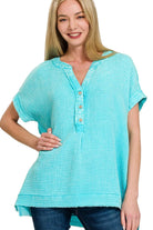 Zenana Mint Sky Washed Double Gauze 3/4 Button Henley Neck Shirt MINT SKY