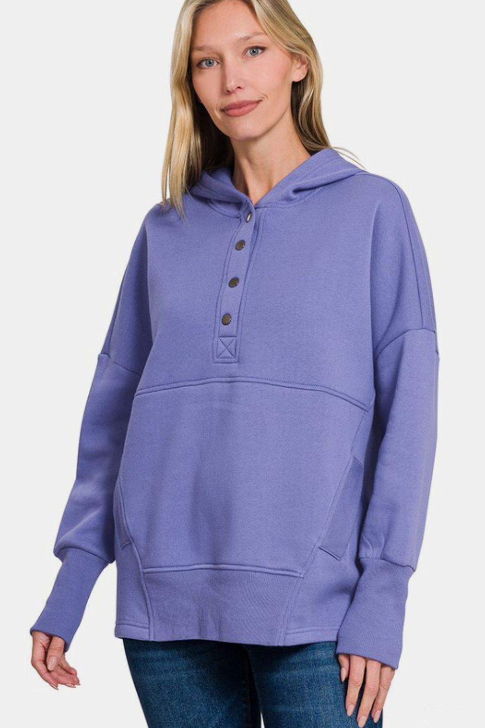 Zenana Blue Purple Half Snap Long Sleeve Hoodie with Kangaroo Pocket Shirts & Tops