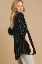 Umgee Pearl Detail Half Sleeve Velvet Babydoll Blouse in Black Shirts & Tops