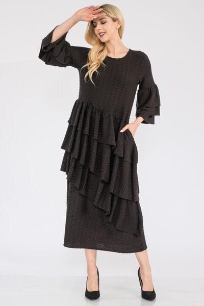 Celeste Black Honey Comb Asymmetrical Ruffle Midi Dress