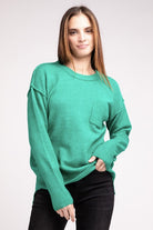 Zenana 9 Colors Melange Hi-Low Hem Round Neck Chest Pocket Sweater Shirts & Tops