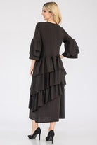 Celeste Black Honey Comb Asymmetrical Ruffle Midi Dress