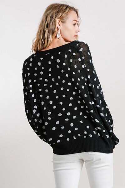 Umgee Black Dalmatian Hand Stamped Round Neck Sweater Plus Size