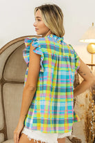 BiBi Blue and Yellow Multi Color Check Plaid Woven Blouse