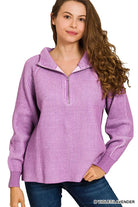 Zenana Ribbed Two-Tone Half Zip Sweater — Violet/Lavender