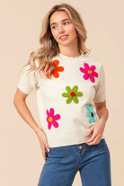 BiBi Ivory Crochet Flower Patch Sweater Top IVORY