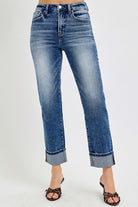 RISEN High Rise Crop Straight Roll Up Jeans