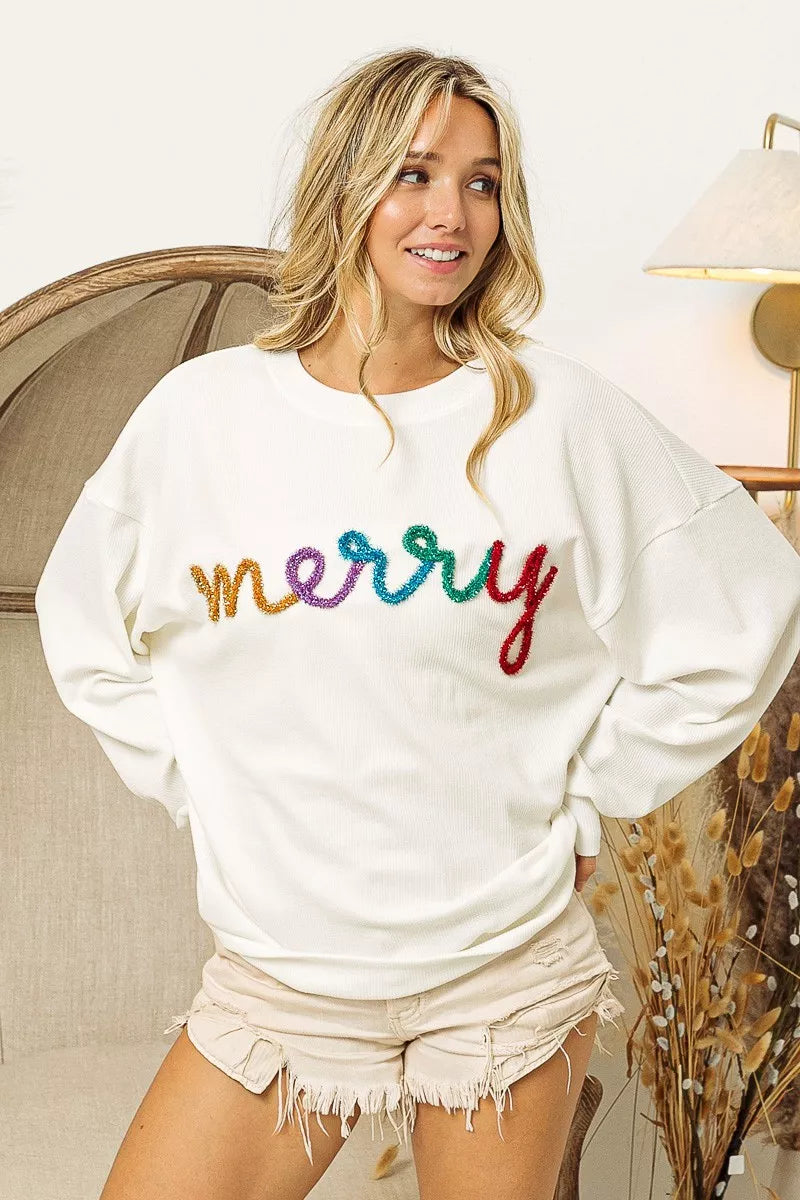 BiBi White Merry Tinsel Multi Lettering Drop Shoulder Sweatshirt