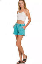 Zenana Light Teal Acid Washed Elastic Waistband Dolphin Shorts
