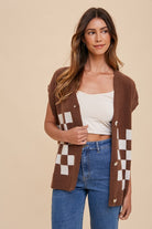 Annie Wear Dark Brown Checkered Button Down Short Sleeve Cardigan