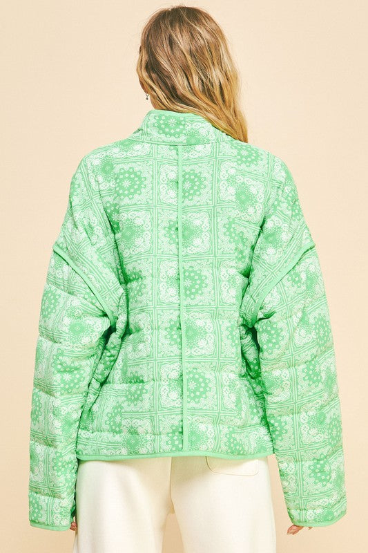 Davi & Dani Neon Green Bandanna Vintage Print Quilted Open Front Jacket with Pockets Coats & Jackets