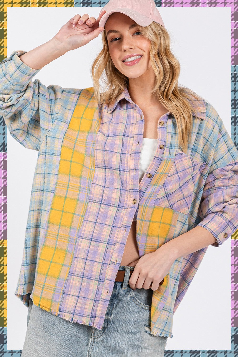 SAGE + FIG Lavender Button Up Raw Hem Plaid Flannel Shirt Trendsi