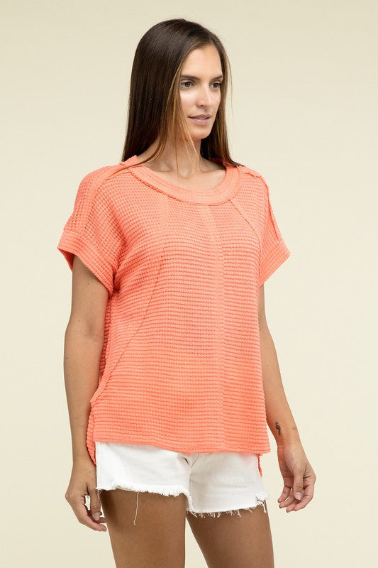 Zenana Brushed Waffle Exposed-Seam Short Sleeve Top ZENANA