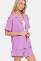 Zenana Heliotrope Purple Button Down Short Sleeve Top and Shorts Lounge Set Loungewear