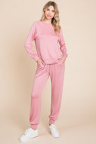 Super Lady Pink Fleece Round Neck Raglan Sleeve Top and Drawstring Pants Lounge Set Trendsi