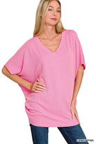Zenana Candy Pink Raised Rib V-Neck Batwing Top CANDY PINK