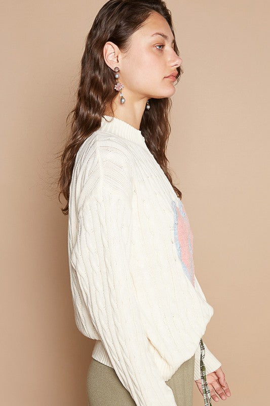 POL Ivory Cable-Knit Peace Patch Dropped Shoulder Sweater Shirts & Tops