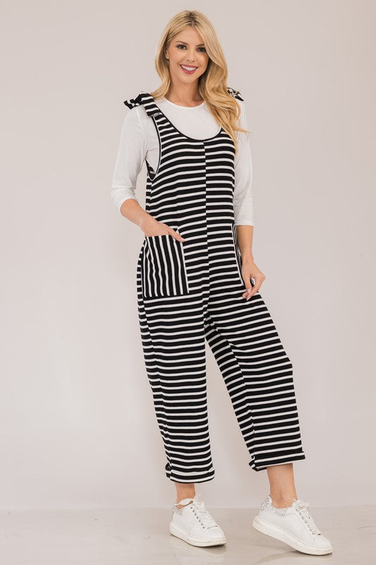 Celeste Black Striped Scoop Neck Overalls with Pockets