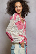 POL Pink Multi Texture Woven Button Down Hooded Shirt with Drawstring Hem