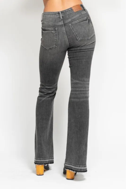 Judy Blue Gray Midi Rise Tummy Control Washed Gray Release Hem Flare Jeans
