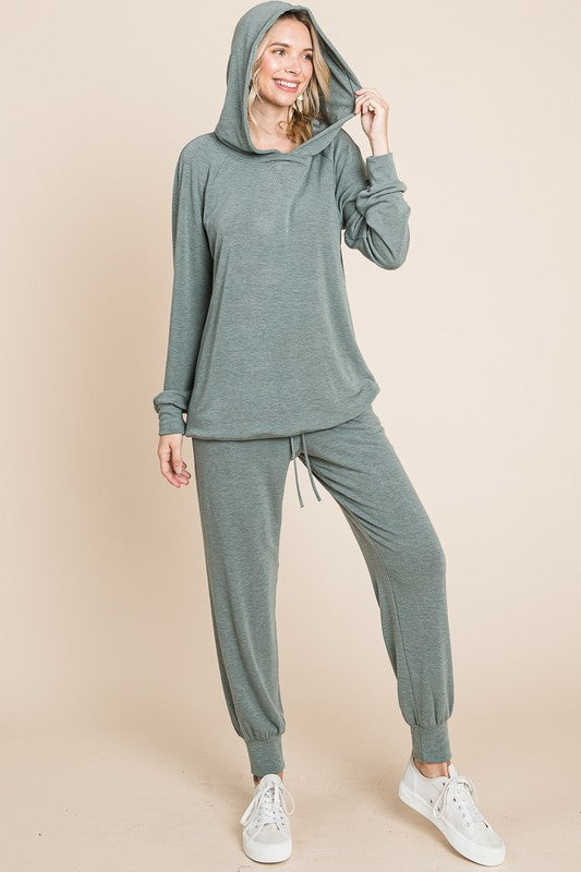 Super Lady Olive French Terry Long Sleeve Hoodie and Tied Jogger Pants Set Trendsi