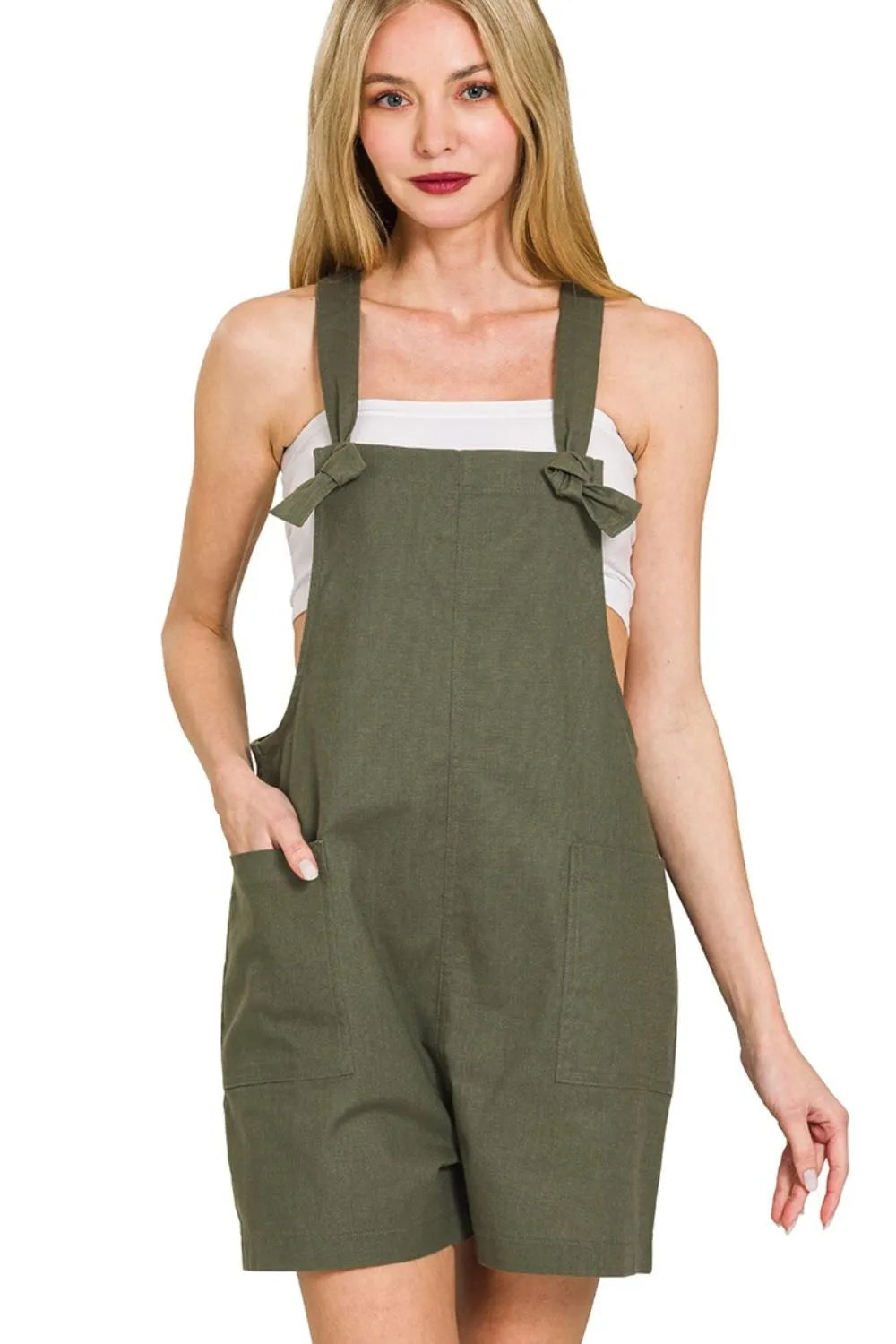 Zenana Dark Olive Woven Knot Strap Romper DK OLIVE