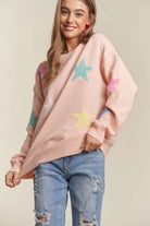 ADORA Stars Pattern Round Neck Drop Shoulder Sweater in Blush