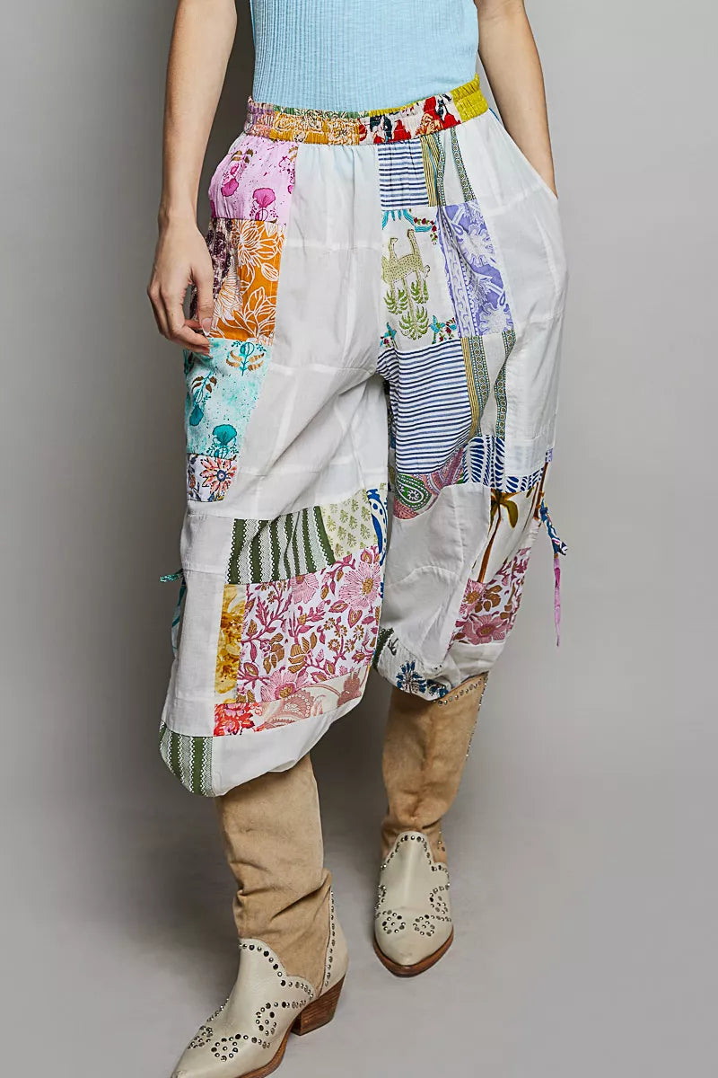 POL Ivory Multi Printed Bohemian Patchwork Wide Leg Pants with Adjustable Side Drawstring