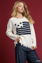 Umgee Cream Distressed American Flag Sweater