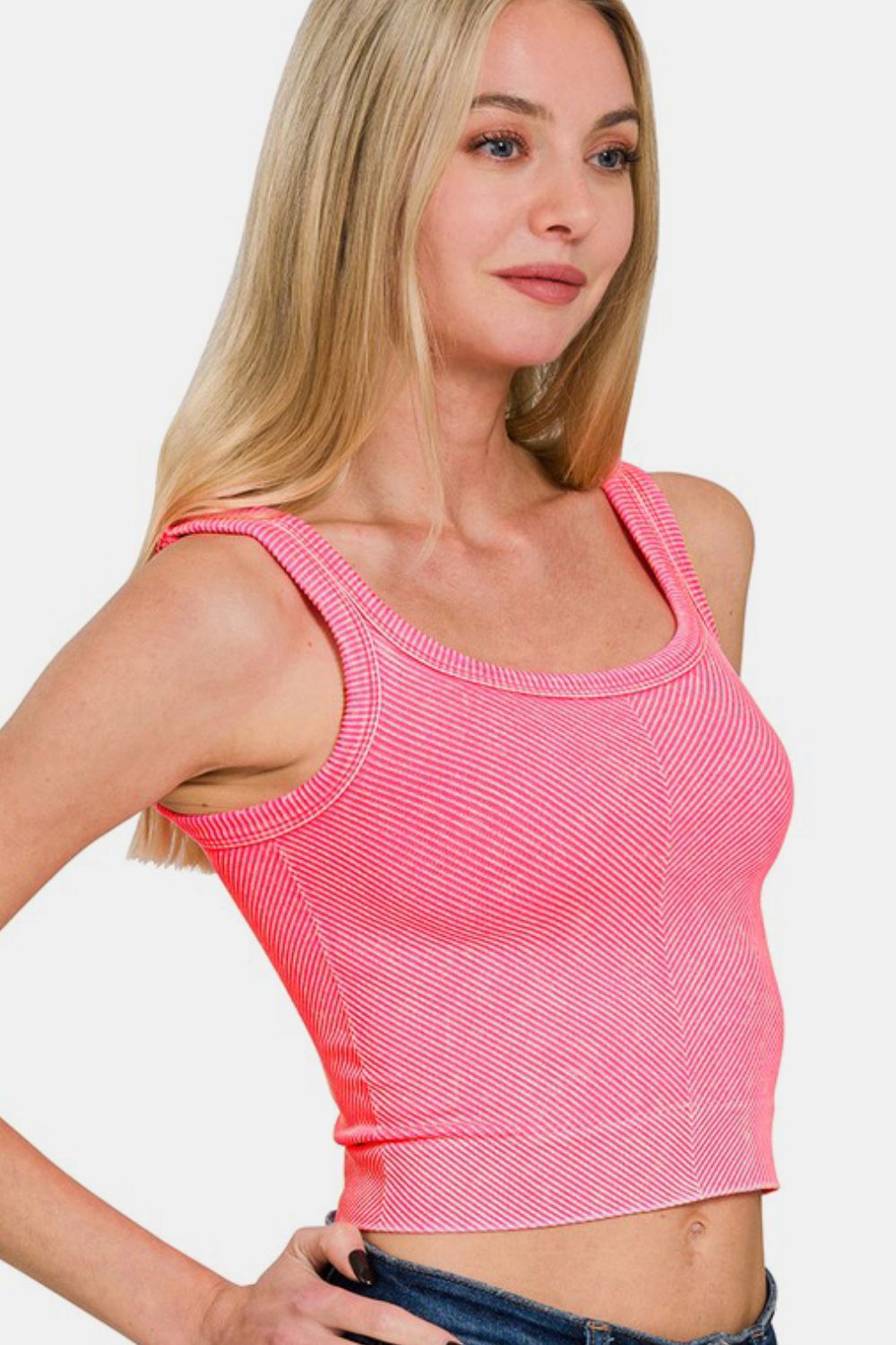 Zenana Neon Coral Fuchsia Washed Ribbed Scoop Neck Wide Strap Seamless Bra Tank