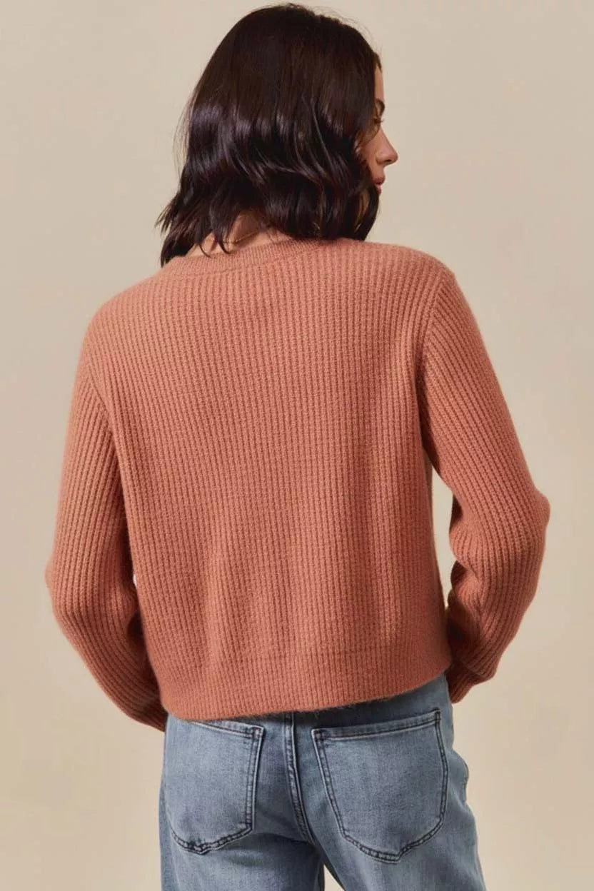 SO ME Rust Checkered Plaid Tape Lace Up Ribbed Sweater