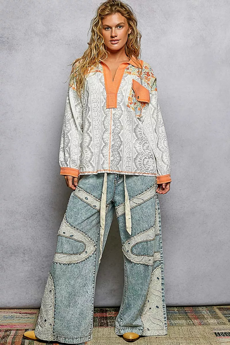 POL Coral Orange Floral Print Long Sleeve Lace Shirt with Front Pocket