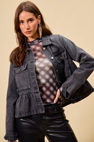 SO ME Black Denim Peplum Hem Front Button Jacket With Pockets
