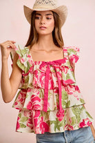 BiBi Floral Print Woven Bow Tie Ruffle Square Neck Top Floral