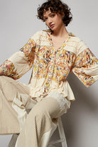 POL Frill Floral Johnny Collar Shirring Raglan Sleeve Blouse in Cream