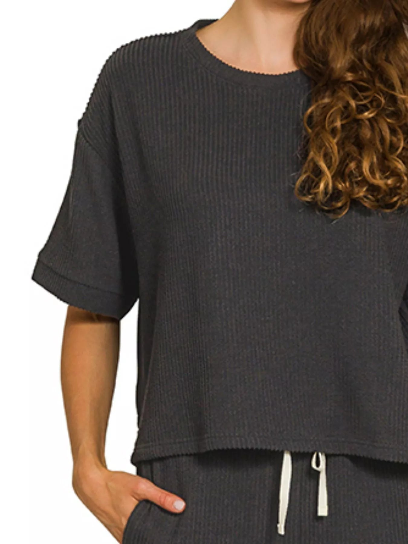 Zenana Black Raised Rib Short Sleeve Tee & Pants Set