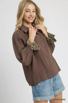 Umgee Chocolate Half Button Blouse with Leopard Print Trim
