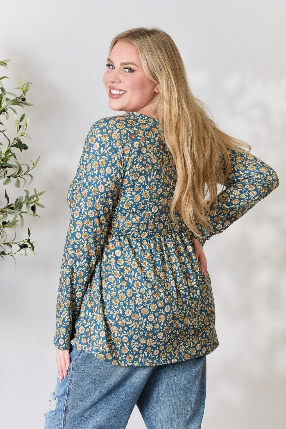 Heimish Floral Half Button Long Sleeve Blouse