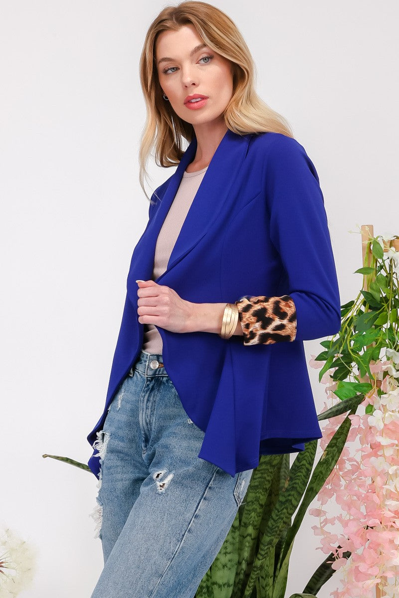 Celeste Royal Blue Rolled Leopard Cuff Open Front Blazer Trendsi