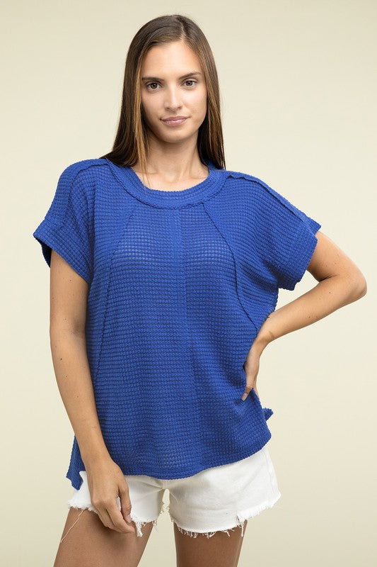 Zenana Brushed Waffle Exposed-Seam Short Sleeve Top LT NAVY Shirts & Tops