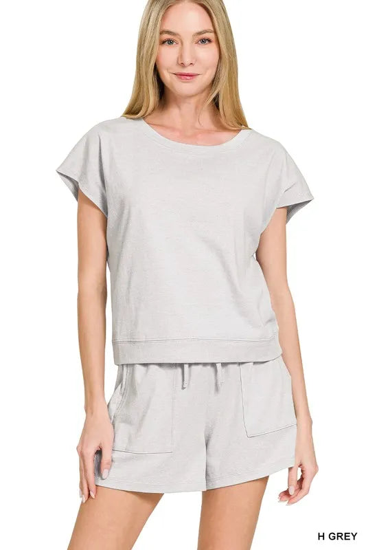Zenana Heather Grey Premium Cotton Top & Shorts Set H GREY