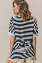 BiBi Black Contrast Striped Notched Knit Top Trendsi