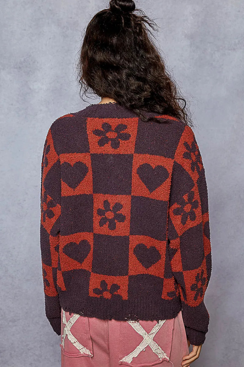 POL Burgundy V-Neck Heart Pattern Checkered Sweater