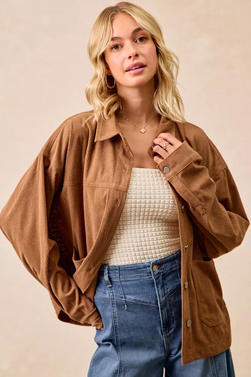 BiBi Camel Corduroy Relaxed Fit Shacket with Back Pleat