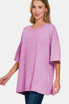 Zenana Mauve Acid Washed Boxy Fit Drop Shoulder Oversized T-Shirt Shirts & Tops