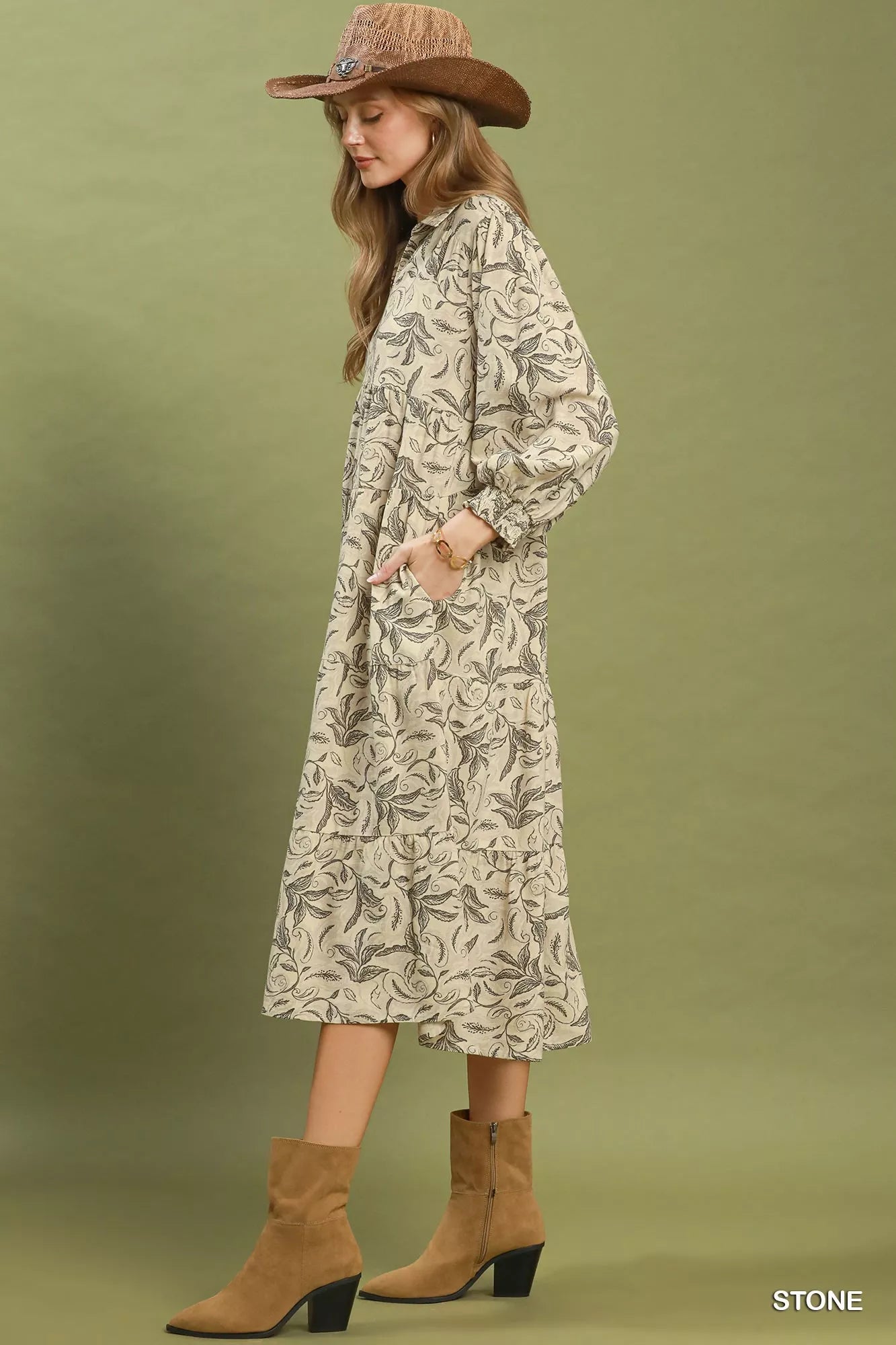 Umgee Stone Linen Botanical Print Tiered Midi Dress