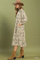 Umgee Stone Linen Botanical Print Tiered Midi Dress